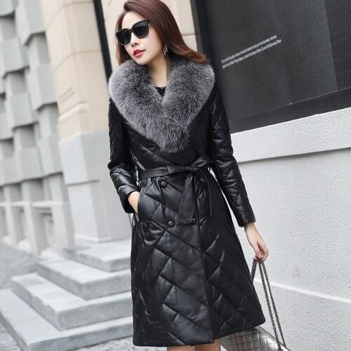 Genuine Leather Winter Women Fox Fur Collar Sheepskin Coat Womens Down Jacket Korean Long Coats G1749 MY2021