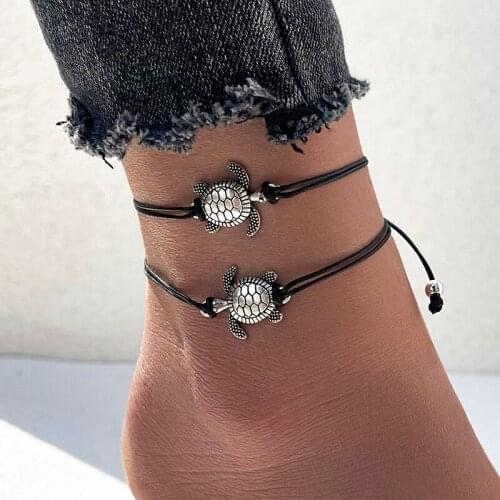 Aprilwell 2 Pcs Tortoise Anklets Bracelets Set For Women Sandals Summer 2021 Body Jewelry Silver Color Trendy Schmuck Gift Egirl