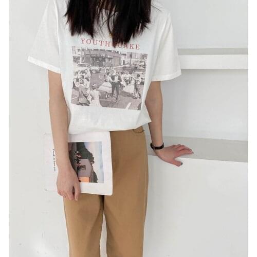 2021 Women Summer T Shirt Short Sleeve Cotton Women White T-Shirts Vintage Print High Quality Tops For Women Tees Blusa