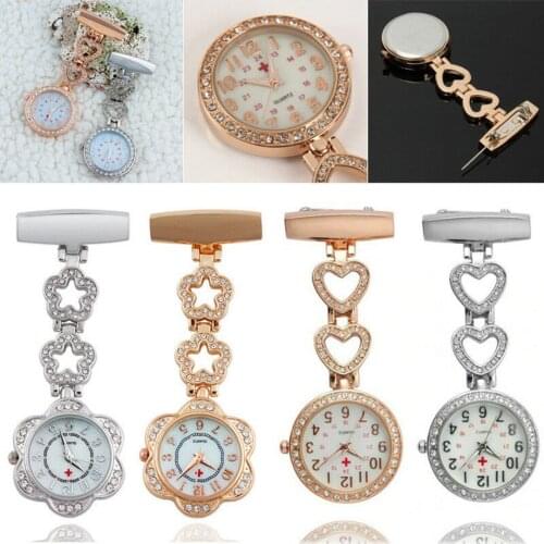 Exquisite Women Nurse Quartz Watch Brooch Fob Hanging Pin Watch Crystal Alloy Hollow Star Heart Clip-on Medical Watch Clock