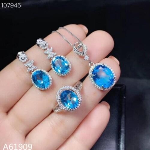KJJEAXCMY exquisite jewelry 925 sterling silver inlaid natural blue topaz gemstone female ring necklace pendant earrings set sup