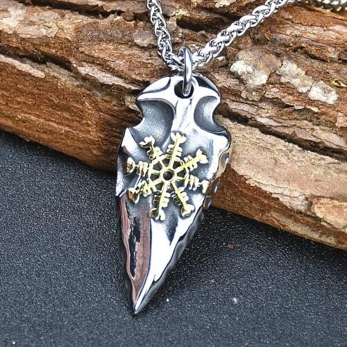 Men Stainless Steel Norse Rune Viking Vegvisir and"Helm of Awe"Gold Color Viking spear Pendant Necklace with gift bag