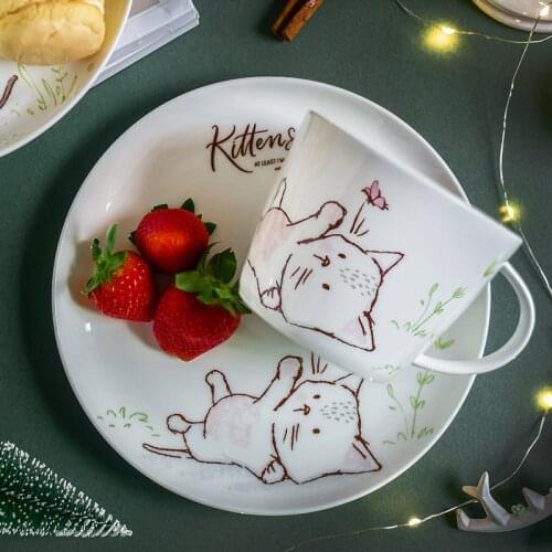 2-piece Cartoon Pink Cat Dinner Plate Mug Set Ceramic Dishes Milk Mug Water Cup Christmas Dinnerware (8 inch Plate + 450ml mug)