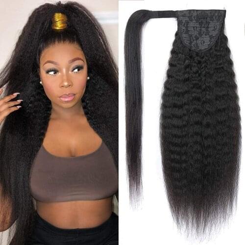Sapphire Kinky Straight Drawstring Ponytail Human Hair Clip In Hair Extensions High Ratio Brazilian Human Hair Natural Color