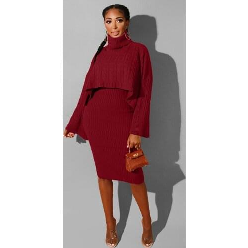 Autumn Winter Knitted Sweater Two Piece Set Turtleneck Long Sleeve Loose Crop Top + Bandage Midi Tank Dress Plus Size Tracksuit
