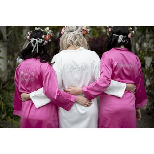 Personalized name date wedding Bride Bridesmaid satin pajamas robes bridal shower kiminos Dressing Gown gifts party decorations