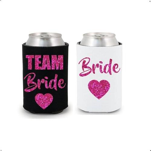 Personalize gold Glitter wedding TEAM BRIDE Drink Coolers Bachelorette Survival Kit Bottle Beer Can Holders Beverage Insulators