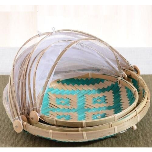 1Pc Hand Woven Bug Proof Basket Dustproof Kithen Picnic Basket Handmade Fruit Vegetable Bread Cover Wicker Basket With Gauze