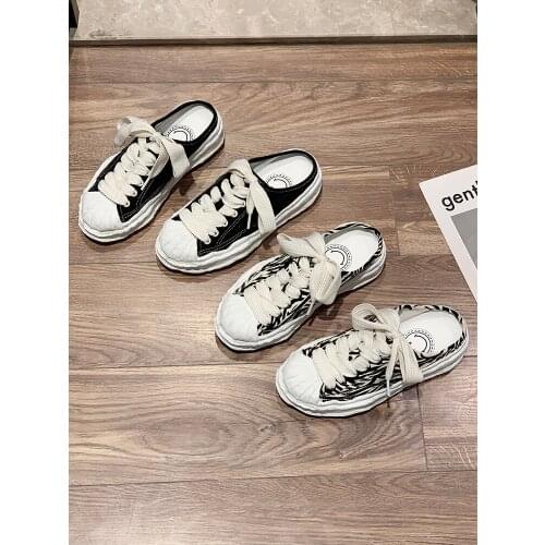 Half-slippers womens outer wear 2021 new Baotou all-match thick-soled zebra print canvas shoes platform shoes