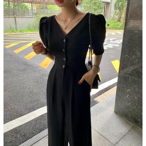 Casual jumpsuit v-neck puff sleeves slim slimming high waist wide-leg jumpsuit 2021 summer thin fashion womens clothing
