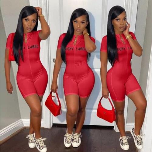 Turtleneck Letter Printed LUCKY LABEL Short Sleeve One Piece Overall Zipper Front Bodycon Rompers Sexy Womens Jumpsuits Shorts