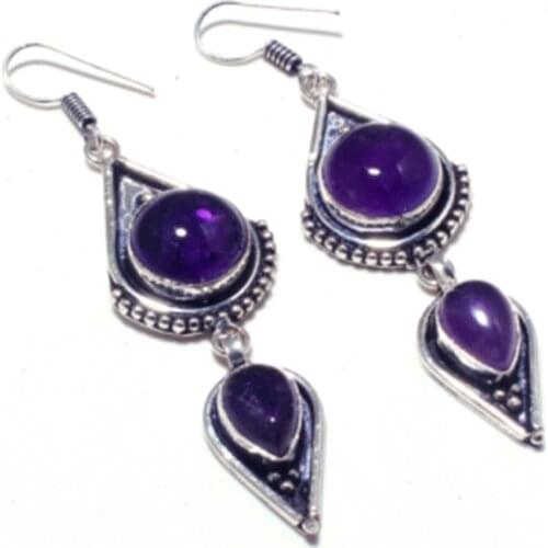 Nature Amethyst Silver Overlay on Copper Earrings , Hand made Women Jewelry Gift