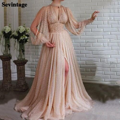 Sevintage Shiny Beaded Long Puff Sleeves Evening Dress High Neck Slit Party Gowns Empire Women Prom Dress with Bones Custom Made