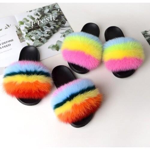 Women Fluffy Colorful Fox Fur Slippers Female Furry Sandals Girls Plush Slides Ladies Fashion House Shoes Large Size Flip Flops
