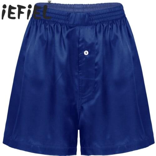 IEFiEL Men Satin Boxer Shorts Homewear Solid Color Elastic Waistband Button Short Pants Sleepwear Nightwear Underwear Shorts