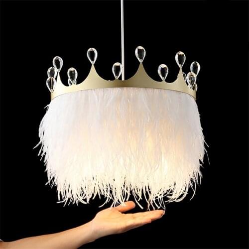 Nordic White Feather Crown Pendant Lights Princess Bedroom Lamps Modern Girl Lights Romantic Crystal Hanging Lights Lighting