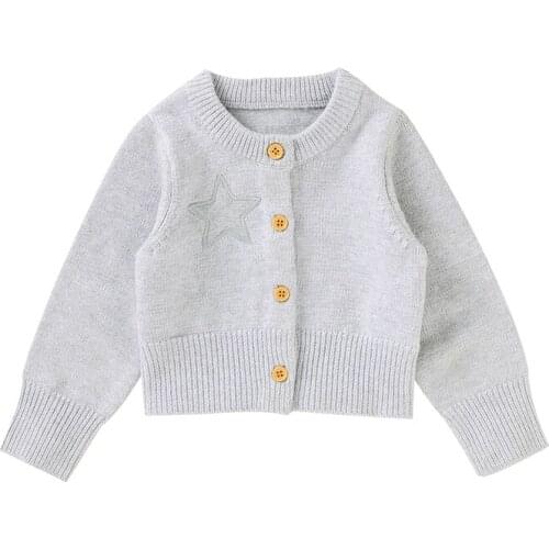 Pudcoco 0-18M Sweater Long Sleeve Star Embroidery Print O-Neck Casual Loose Gray Fashion Boys Girls Cardigan Tops