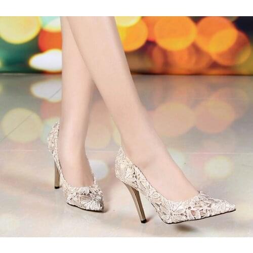 Elegant Banquet Dress Pumps Sexy Womens Shoes Thin Heel High Heels Lace Big Small Size Nude Color Pointed Wedding Shoe 31,33-45
