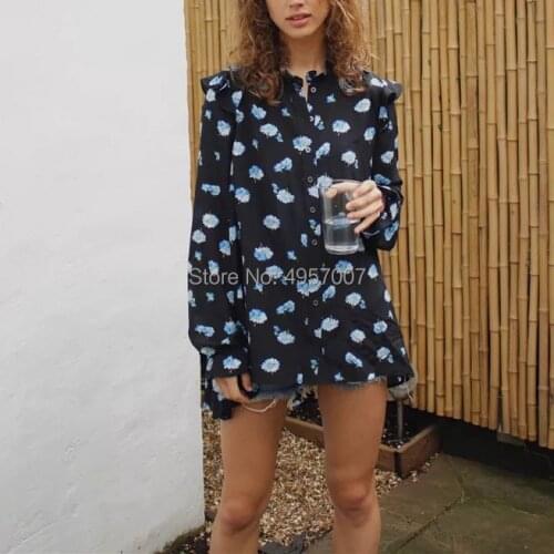 Top Version 100% Silk Women Black With Daisy Print Ruffled Shirt Top - Elfbop Features Buttoned Long Sleeve Blouse Shirt