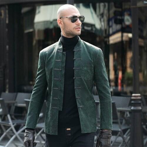 Spring and Autumn Genuine Leather Mens Retro Tang Suit Jacket High-end Men Sheepskin Jacket Chinese Style Leather Coat