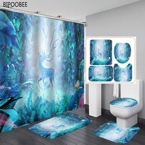 Forest Elk Pattern Bathroom Curtains Set Natural Scenery Fabric Shower Curtain Non-slip Carpet Flannel Toilet Cover Bath Mats