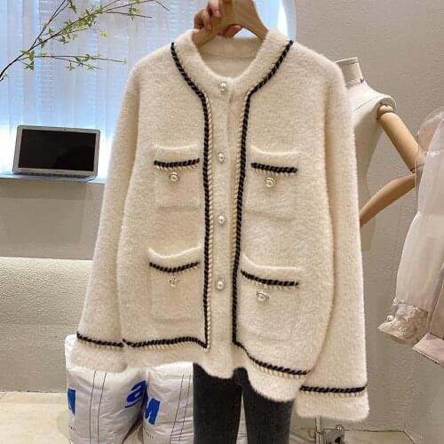 Faux Mink Fur Cardigan for Women New Autumn Wimter Korean Style Outerwear Knit Coat Single Breasted Black Crop Swearer Pockets