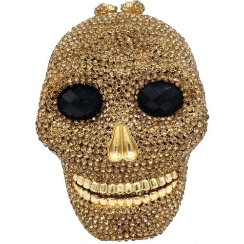 Boutique De FGG Halloween Women Gold Skull Evening Bags Crystal Clutch Minaudiere Purses and Handbags Cocktail Party Bag