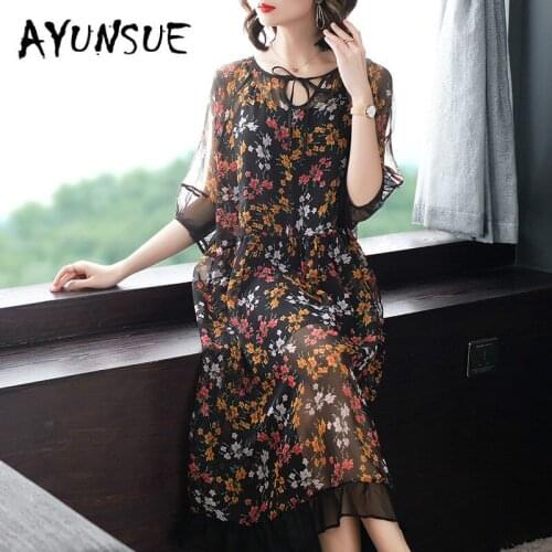 Real Silk Dress Women Summer Dress Korean Fashion Print Midi Dress Elegant Vintage Party Dress Vestido Mujer P8102 YY2582