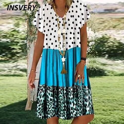 S-5XL Print Short Sleeve Dress Women Fashion Summer V Neck Casual Beach Boho Robe Vintage Loose Midi Party Dresses Vestidos