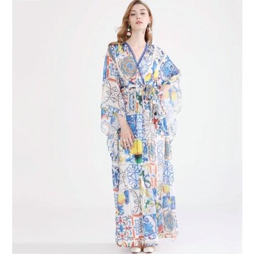 White chiffon print blue retro floral v neck dress women robe 20 summer long casual beach sexy loose dresses plus size fairy