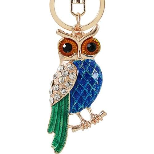 Gold color Blue Standing Hollowed Owl Pendant Key Chains For Women Men Charms Keyrings Car Keychain Key Chain jewelry