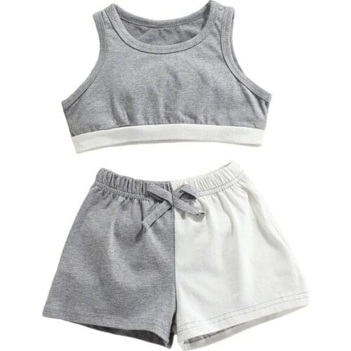 2021 Kids Girl’s Vest and Shorts Suit Color-block Cropped Tops and Bow Elastic Short Pants Two Piece Tracksuit for Girls
