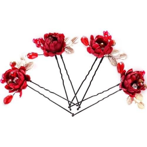 4 PCS Handmade Red Flower Gold Leaf Pearl Bridesmaid Hair Pin Crystal Beads Bridal Hairpin Clip For Women Wedding Hair Jewelry