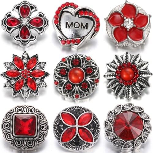 6pcs/lot New Snap Button Jewelry Snap Jewelry 18mm Red Flower Love Snap Buttons Fit 18mm Snap Bracelet Bangle for Women DIY