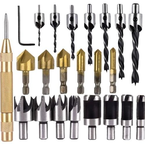 8Pcs Wood Plug Cutter,6Pcs 1/4 Inch Hex 5 Flute 90 Degree Countersink Drill Bits,7Pcs Three Pointed Countersink Drill Bit With L