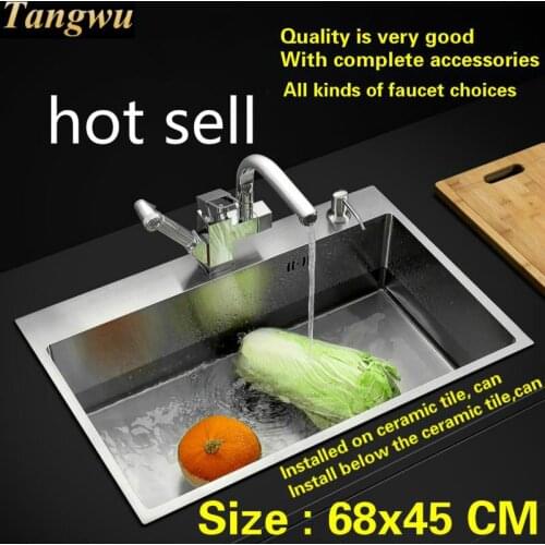 Free shipping standard large kitchen manual sink single trough wash the dishes 304 stainless steel deluxe hot sell 680x450 MM
