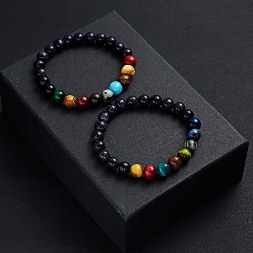 Handmade Eight Planets Natural Stone Bracelet Universe Yoga Chakra Sun Solar System Bracelets Elastic Fashion Jewelry Bangle