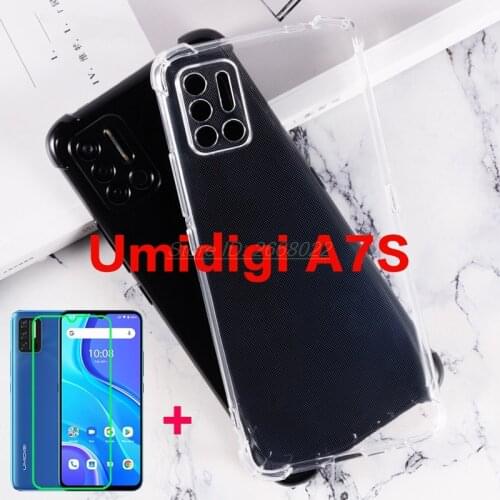 Transparent Phone Case For Umidigi A7S Silicona Caso Soft Black TPU Case With Tempered Glass on UMI Umidigi A7S A7 S Back Cover