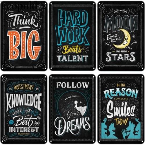 Black Metal Poster Motivation Letter Series Vintage Light Bulb Hard Work Tin Plate Wall Art Bar Club Office Decoration 20X30Cm
