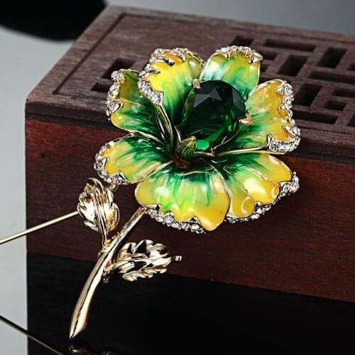 Perfect Green Enamel Zircon Brooches Bijuteriras Fashion Enamel Flower Brooch Pin For Women Noble Wedding Bridal Broches
