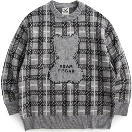 2021 Autumn New Vintage Hip Hop Fashion Brand Lovely Lattice Vintage Bear Mens Sweater