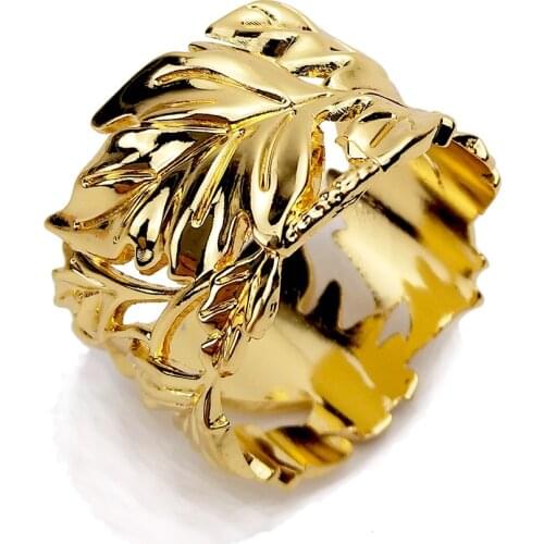 Elegant Shiny Gold Plating Leaves Rounded Circle Metal Alloy Napkin Rings Set Of 6 Pieces