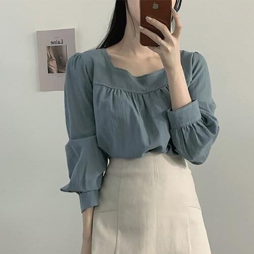 Shintimes New Square Collar Blouse Female Woman Clothes 2020 Spring Autumn Ruffles Long Sleeve Shirt Women Tops Chemisier Femme
