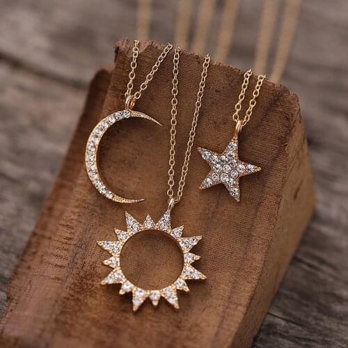 Rhinestone Sun Moon Star Pendant Necklaces for Women Female Gold Color Clavicle Chain Necklace Trendy Statement Jewelry Gifts