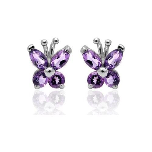 CoLife Jewelry Cute Silver Butterfly Earrings for Young Girl 100% Natural Amethyst Stud Earrings 925 Silver Real Garnet Earrings