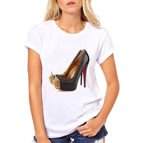 Women Printed T Shirts for Girls O-neck Soft Short Sleeve T-shirts Casual White Tops Lady Pink High Heels Shoes T-Shirt