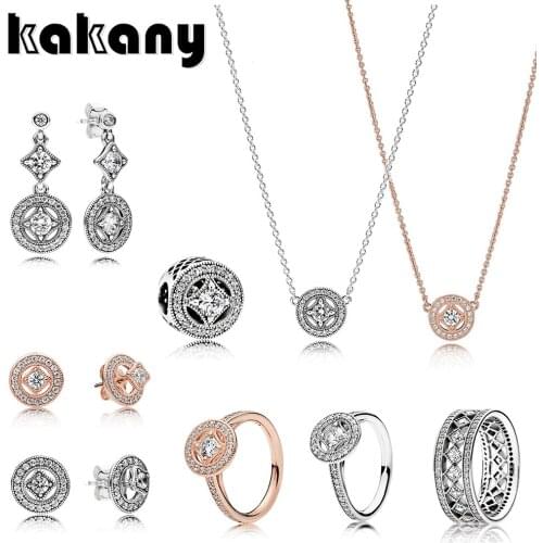 KAKANY 925 Standard Sterling Silver Womens Classic Vintage Rose Gold Ring Earrings Necklace Original Fashion Wedding Jewelry