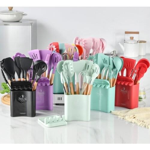 13Pcs Silicone Cooking Utensils Set Barrel Flat Wooden Handle cookware Set Non Stick Cooking With Storage Kitchen Gadget Sets