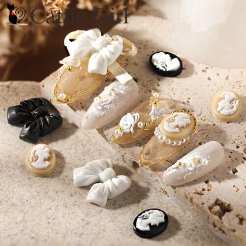 8pcs Statue 3D Nail Decorations Frame Statues Decor Black Bowknot Nail Accessories Vintage Manicure European Style Design