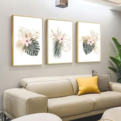 Abstract Golden Plant Leaf Canvas Painting Nordic Minimalist Botanical Poster and Print Wall Art Pictures for Living Room Decor